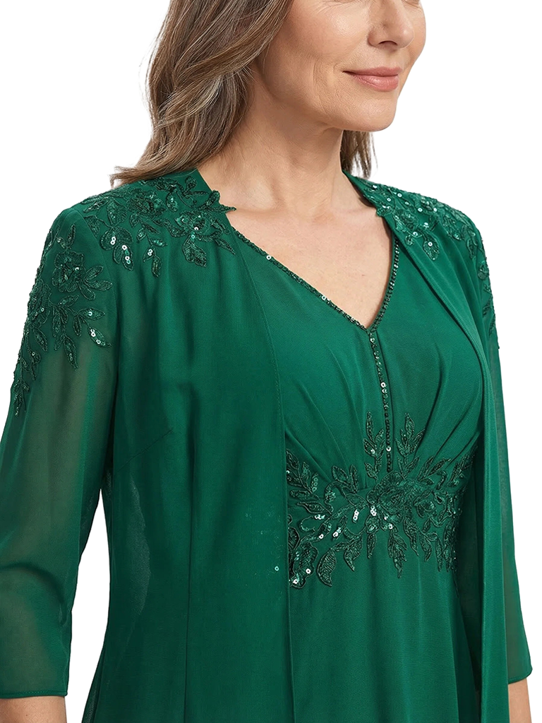 ChicSew Classy A-Line Mother Of The Groom Dresses With Jacket V-Neck Chiffon Tea-Length Applique Gown