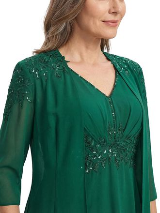 ChicSew Classy A-Line Mother Of The Groom Dresses With Jacket V-Neck Chiffon Tea-Length Applique Gown
