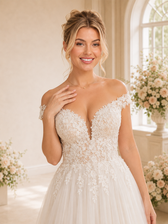 ChicSew Elegant Off The Shoulder V-Neck A-Line Floor-Length Lace Tulle Wedding Dresses