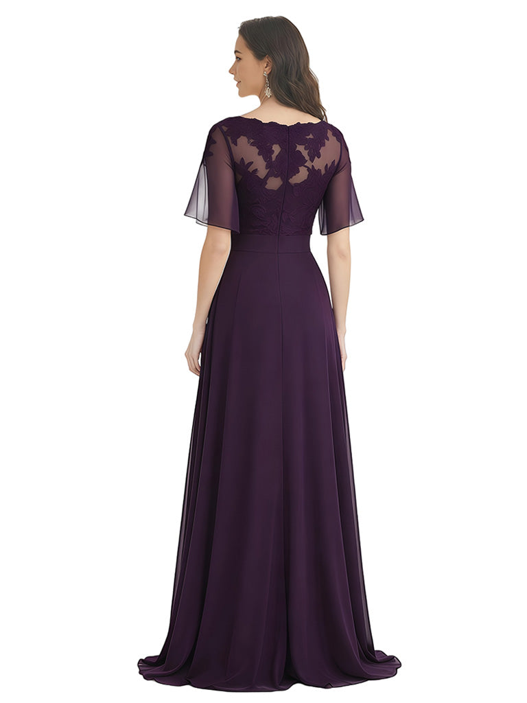 Elegant A-Line V-Neck Chiffon Bell Sleeves Floor-Length Mother of the Brides Dresses