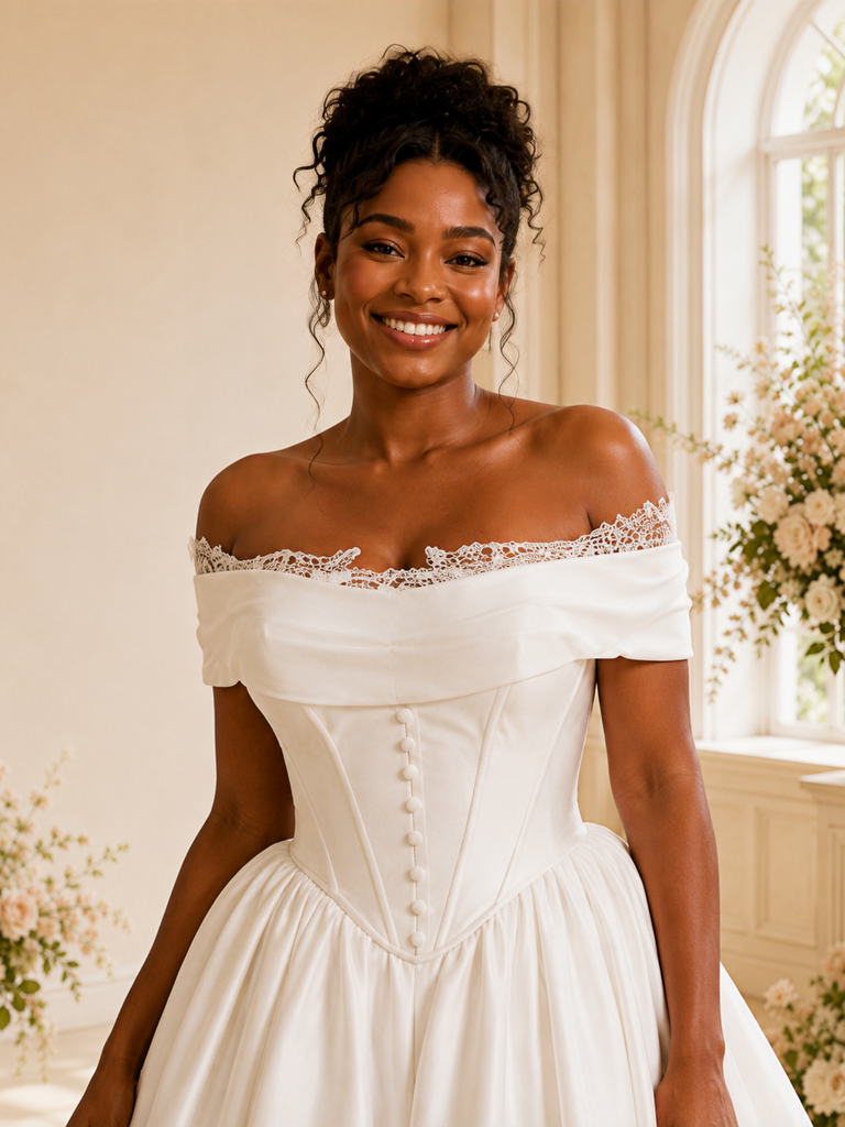 ChicSew Fancy Elegant Off The Shoulder Ruched Boning A-Line Satin Maxi Wedding Dress