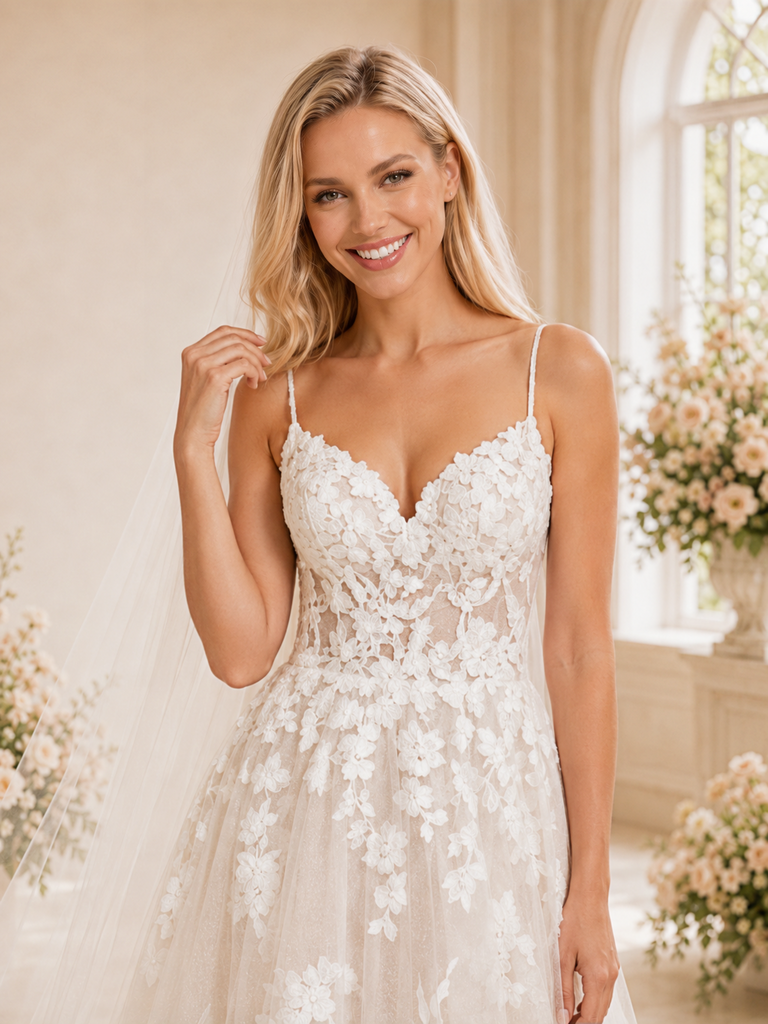ChicSew Beautiful A-line Spaghetti Straps V-Neck Long Lace Appliques Wedding Dresses Online