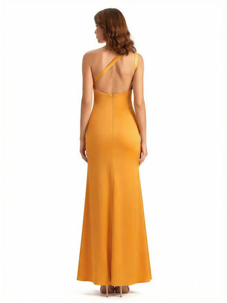 Sexy One Shoulder Silky Satin Mermaid Long Evening Gown Dresses For Women Side Slit