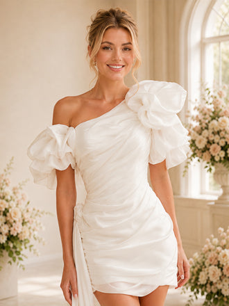 ChicSew Asymmetrical One Shoulder Satin With Ruffle Puff Sleeves Ruched Mini Wedding Dress