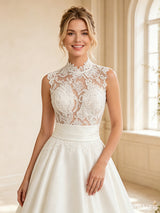 ChicSew Elegant High Neck Sleeveless Lace Satin A-Line Long Wedding Dress