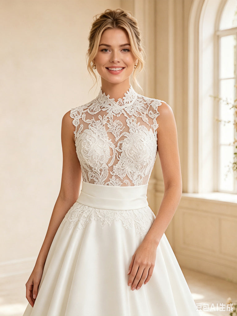 ChicSew Elegant High Neck Sleeveless Lace Satin A-Line Long Wedding Dress