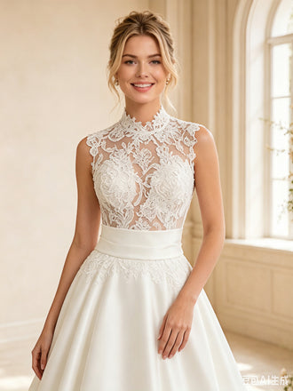 ChicSew Elegant High Neck Sleeveless Lace Satin A-Line Long Wedding Dress