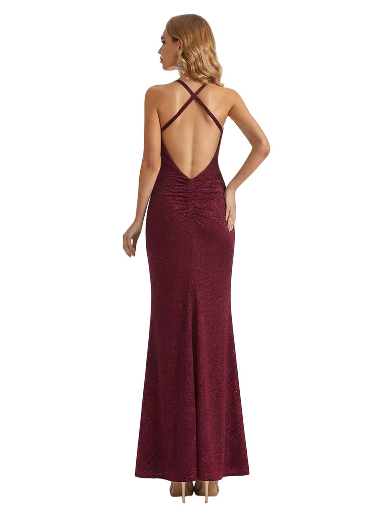 Shiny Spaghetti Straps Cowl Mermaid Glitter Jersey Long Formal Dresses For Women