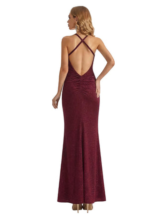 Shiny Spaghetti Straps Cowl Mermaid Glitter Jersey Long Formal Dresses For Women