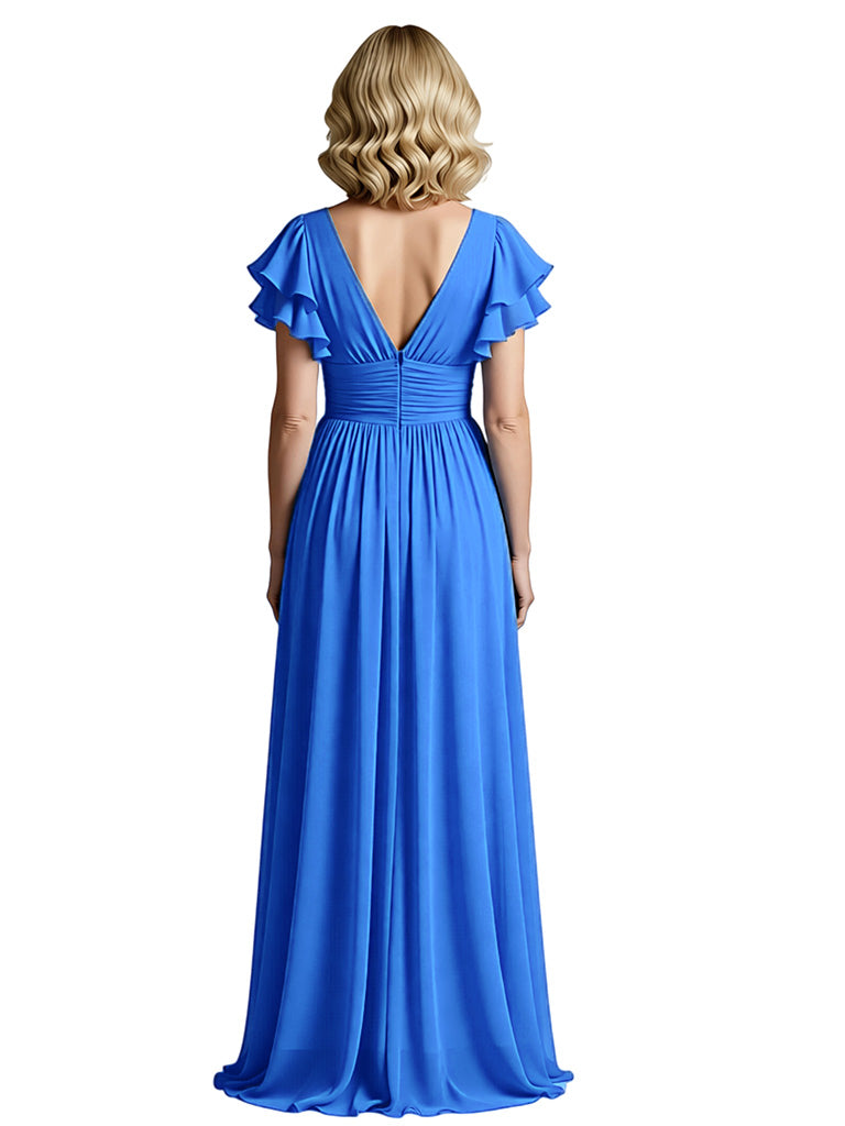 Elegant V-neck Bell Sleeves A-line Chiffon Pleats Mother of the Brides Dresses