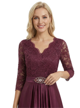 Chicsew Elegant Mother Of The Bride Dress V-Neck 3/4 Sleeve Lace Satin High-Low Gown