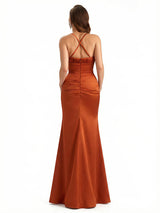 Sexy Ruched Spaghetti Straps Mermaid Side Slit Silky Satin Maxi Evening Gowns For Women