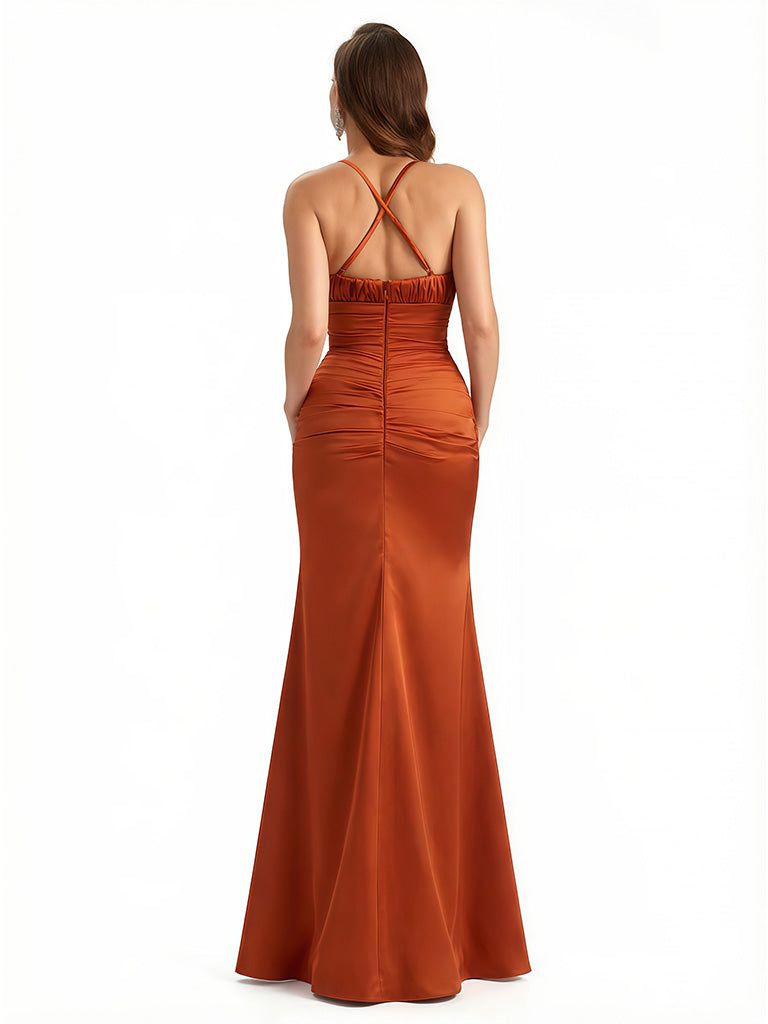 Sexy Ruched Spaghetti Straps Mermaid Side Slit Silky Satin Maxi Evening Gowns For Women