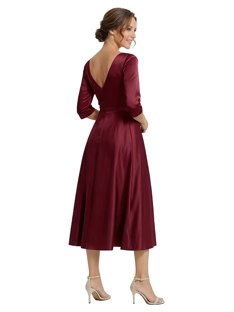 Elegant Asymmetric Neckline Long Slevees Satin Midi Mother Of The Bride Dresses