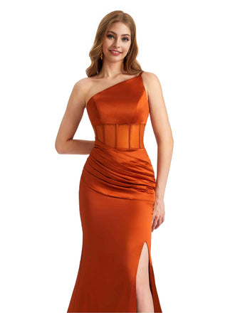 Sexy Stretch Satin One Shoulder Boning Side Split Mermaid Long Bridesmaid Dresses