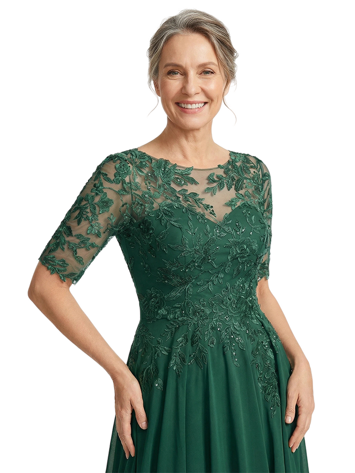 ChicSew Jewel Short Sleeve Lace Applique Ruched A-Line Ankle-Length Chiffon Fancy Mother of the Bride Dresses