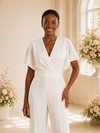 ChicSew Unique V-Neck Short Sleeves Ruching Chiffon Floor-Length Wedding Jumpsuit