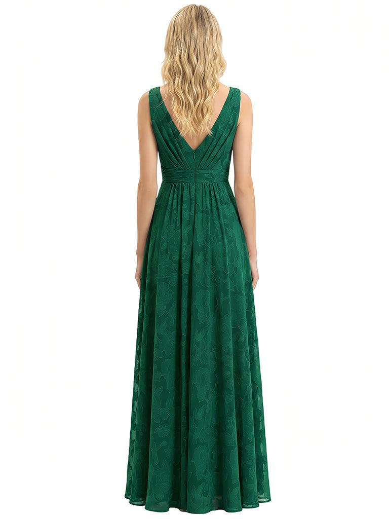 Elegant Spaghetti Straps Sleeveless V-Neck Floral Burnout Chiffon A-Line Formal Evening Dresses