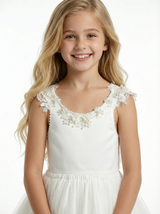 Pearl Trim Tank Style Flower Girl Dress with Tiered Tulle Skirt High Low Hem Design