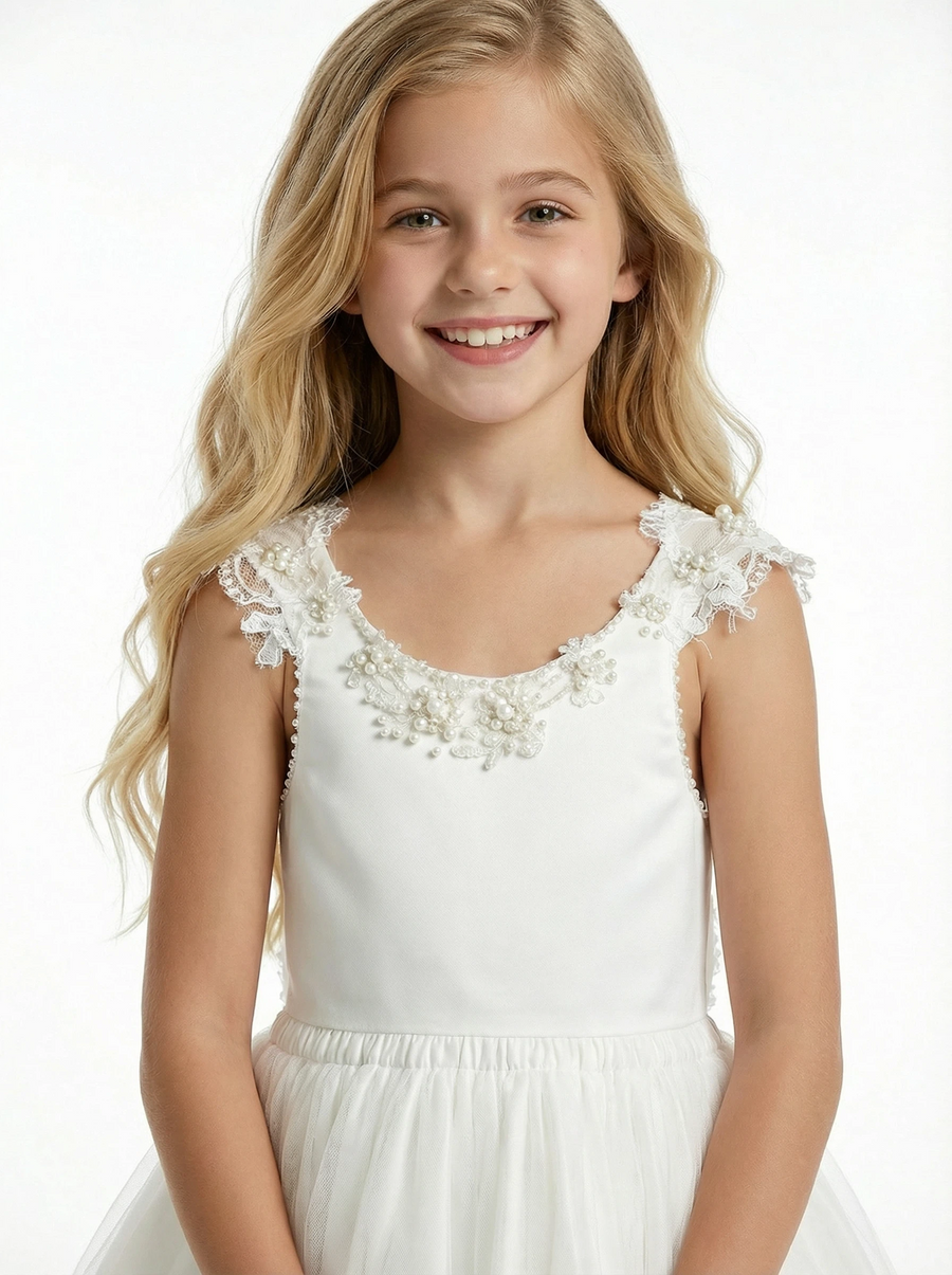 Pearl Trim Tank Style Flower Girl Dress with Tiered Tulle Skirt High Low Hem Design