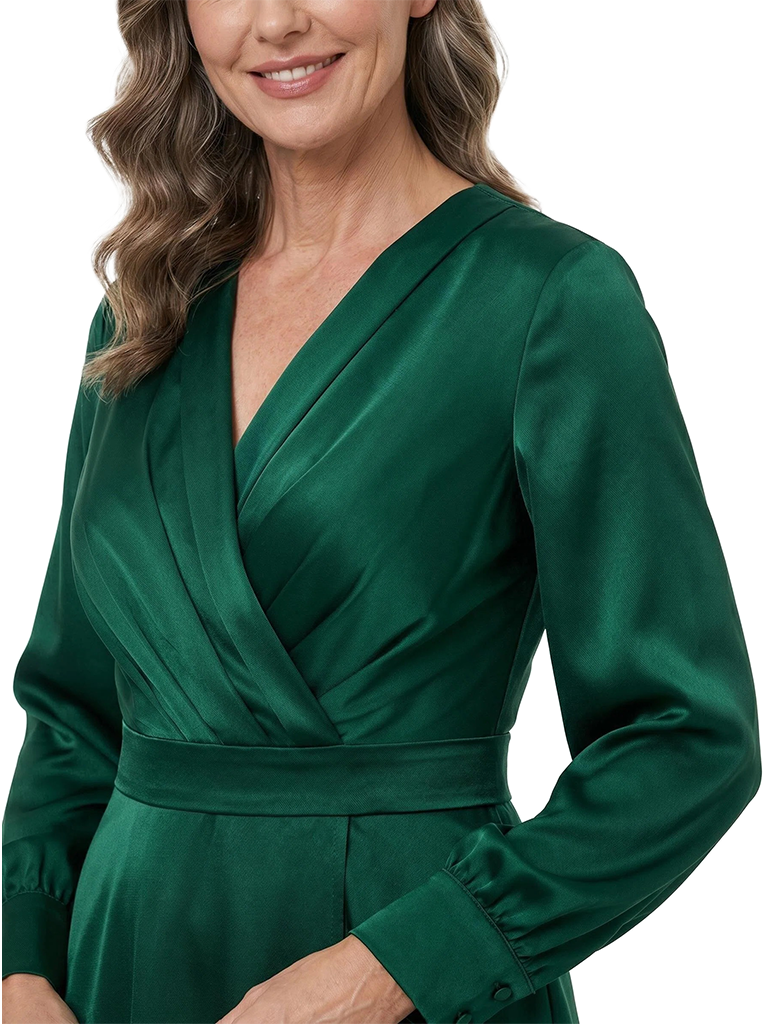 ChicSew V-Neck Long Sleeve Satin A-Line Tea Length Mother of the Bride Dress