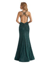 Shiny Spaghetti Straps V-Neck Mermaid Glitter Jersey Long Formal Dresses For Women