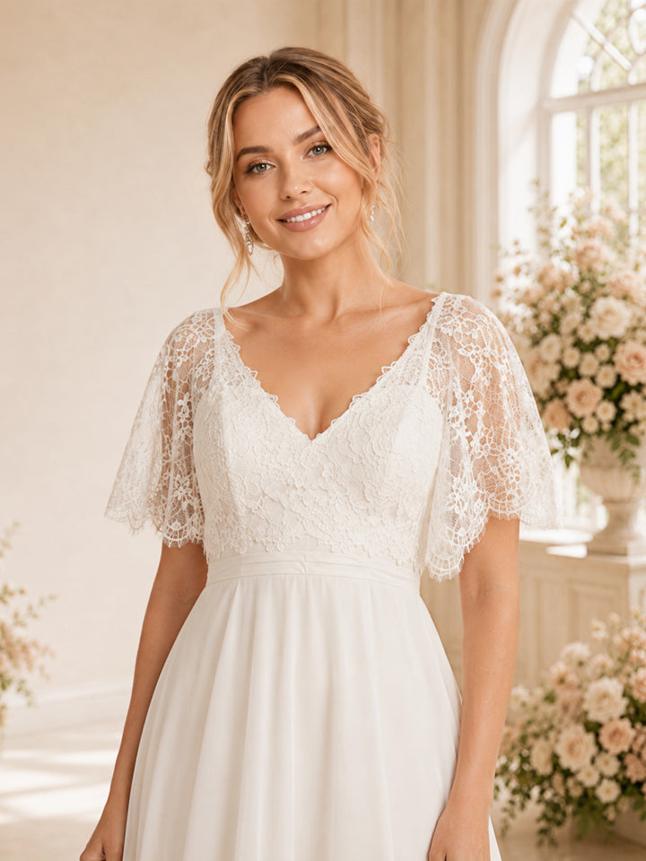 ChicSew Elegant A-Line Lace Chiffon Short Sleeves V-Neck Wedding dresses Online