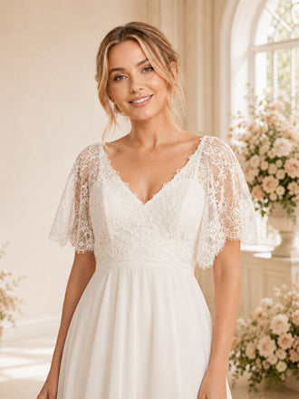 ChicSew Elegant A-Line Lace Chiffon Short Sleeves V-Neck Wedding dresses Online