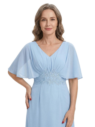 ChicSew Elegant Chiffon Flutter Sleeves V-Neck Ruched A-Line Mother Of The Bride Dress With Applique