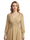 ChicSew Long Sleeves V-Neck Lace Appliques Ruched Chiffon A-Line Mother Of The Groom Dress