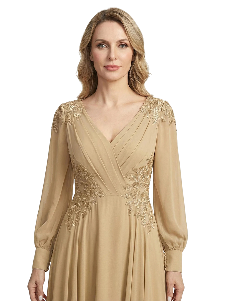 ChicSew Long Sleeves V-Neck Lace Appliques Ruched Chiffon A-Line Mother Of The Groom Dress