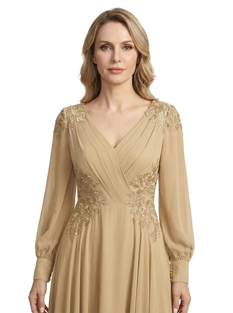 ChicSew Long Sleeves V-Neck Lace Appliques Ruched Chiffon A-Line Mother Of The Groom Dress