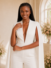 ChicSew Modern Unique Deep V-Neck Crepe Floor-Length Wedding Jumpsuit With Cape Sleeves