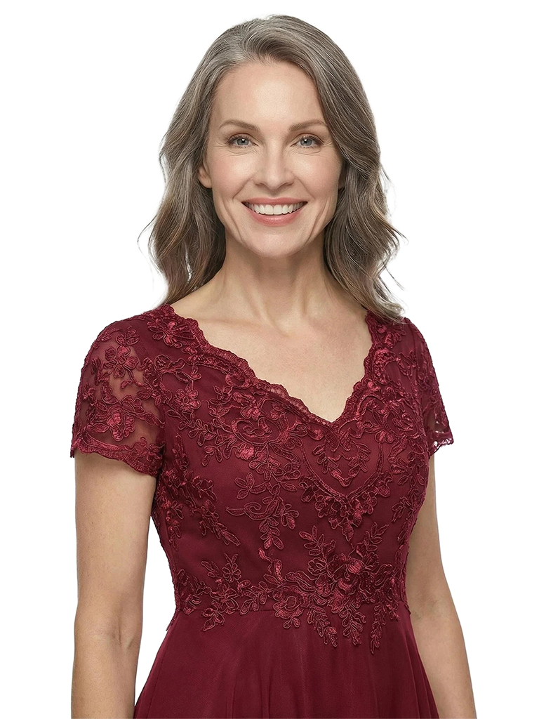 ChicSew V-Neck Short Sleeve Lace Ruched Waist Tea Length Chiffon Elegant Mother of the Bride Dresses