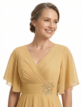 ChicSew V-Neck Short Sleeves Overlay Layered Chiffon Midi Length Casual Mother of the Bride Dresses