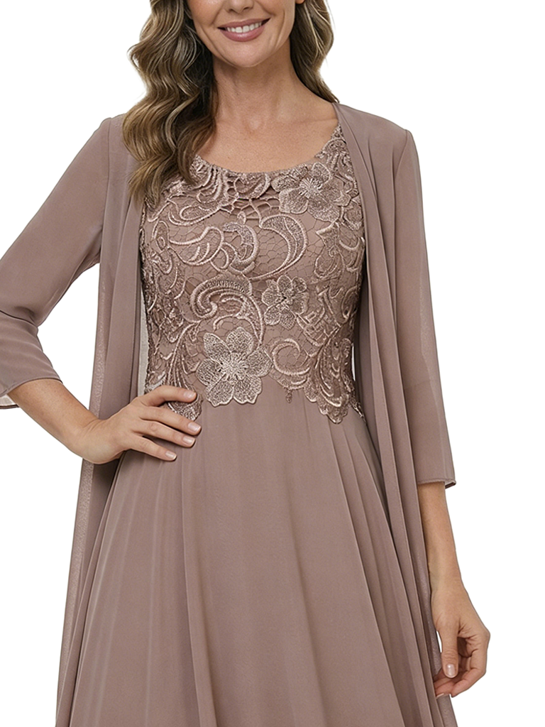 ChicSew Fancy Round-Neck Floor-Length Chiffon Mother Of The Bride Dresses With Floral Lace Appliques