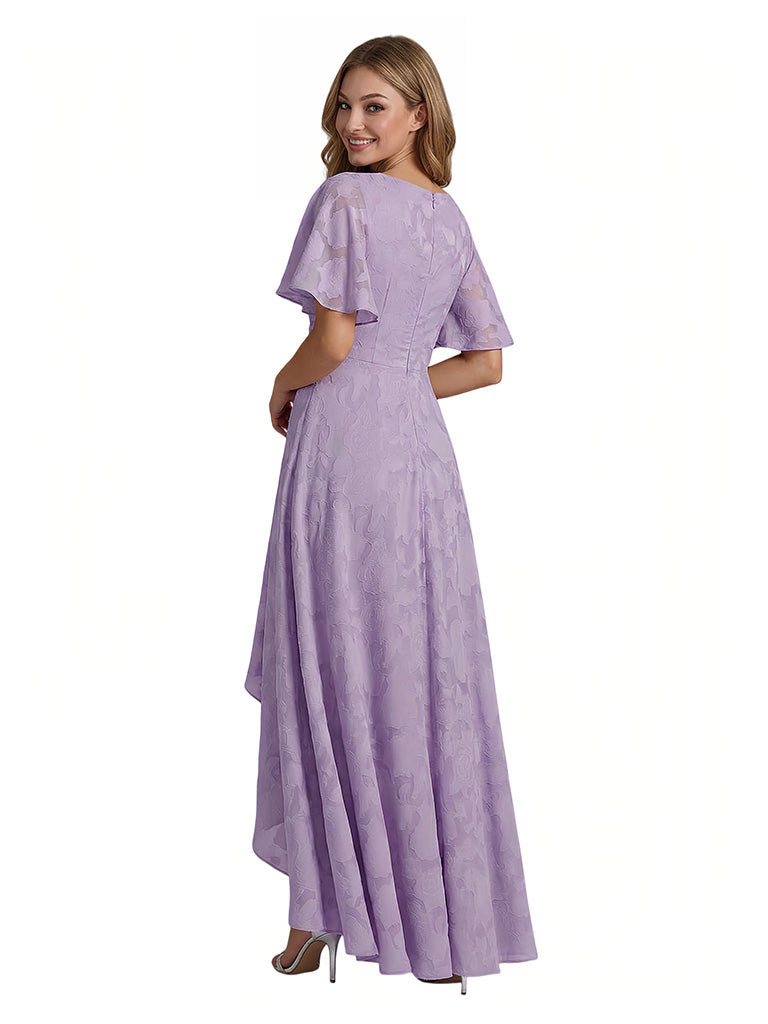 Elegant V-Neck Flutter Sleeves Floral Burnout Chiffon A-Line Formal Evening Dresses