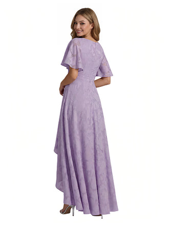 Elegant V-Neck Flutter Sleeves Floral Burnout Chiffon A-Line Formal Evening Dresses