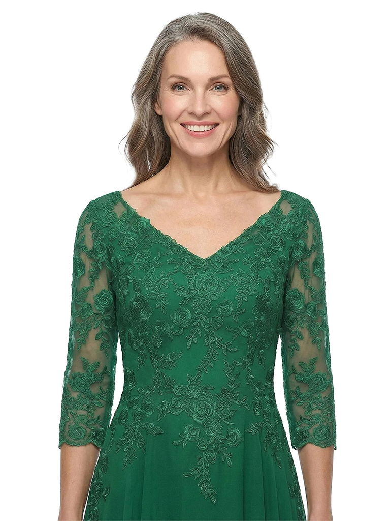 ChicSew V-Neck 3/4 Sleeve Lace Applique Ruched Waist Floor Length Chiffon Sophisticated Mother Of The Bride And Groom Dresses