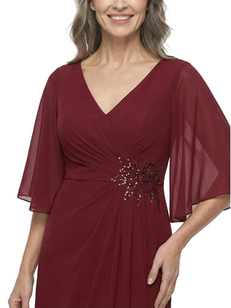 ChicSew V-Neck Half Sleeve Beaded Floor Length Chiffon Sheath Mother Of The Bride Dresses