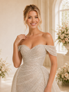ChicSew Off The Shoulder Side Slit Glitter Tulle Mermaid Long Wedding Dresses With Overskirt