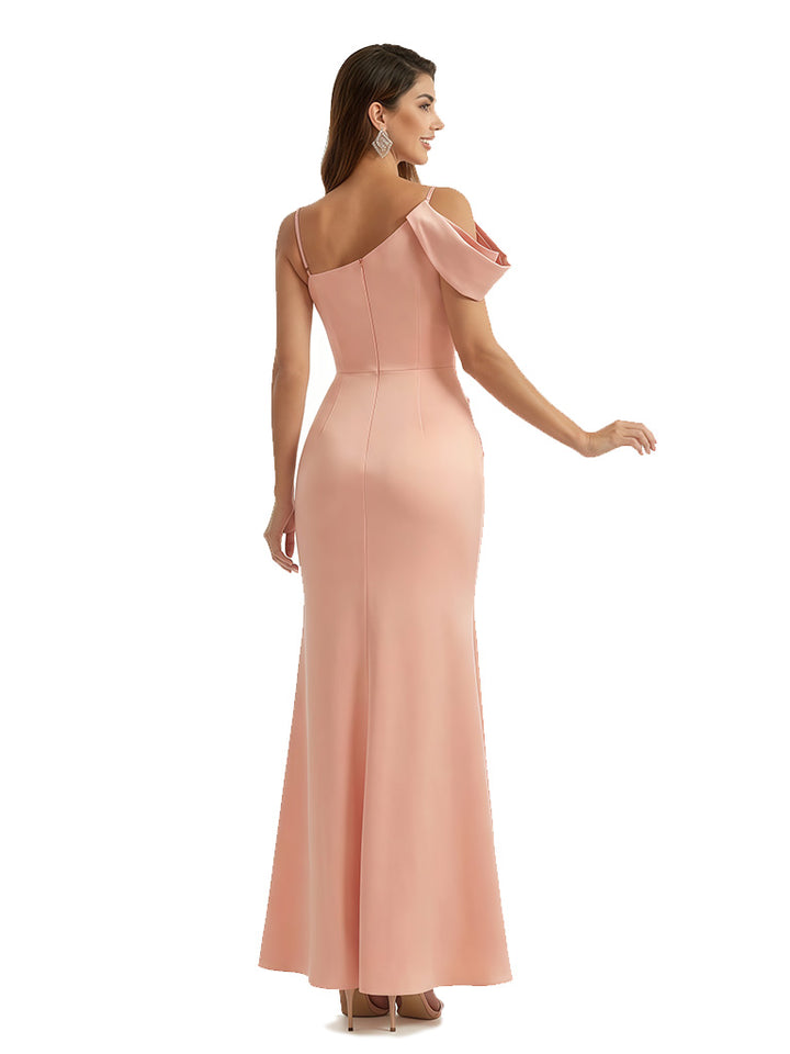 Sexy Asymmetric Straps Mermaid Ruched Side Slit Silky Satin Maxi Formal Evening Dresses With Waist Drape