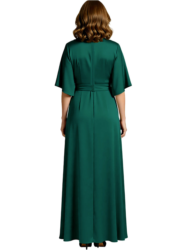 Elegant V-neck Bell Sleeves A-line Pleats Long Mother of the Brides Dresses