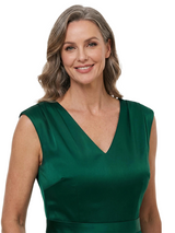 ChicSew V-Neck Sleeveless Satin Tea Length Sheath Dress With Tiered Ruffle Hem