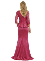 Chicsew Fancy Mother Of The Bride Dress V-Neck Lace 3/4 Sleeves Mermaid Satin Ruffled Formal Gown