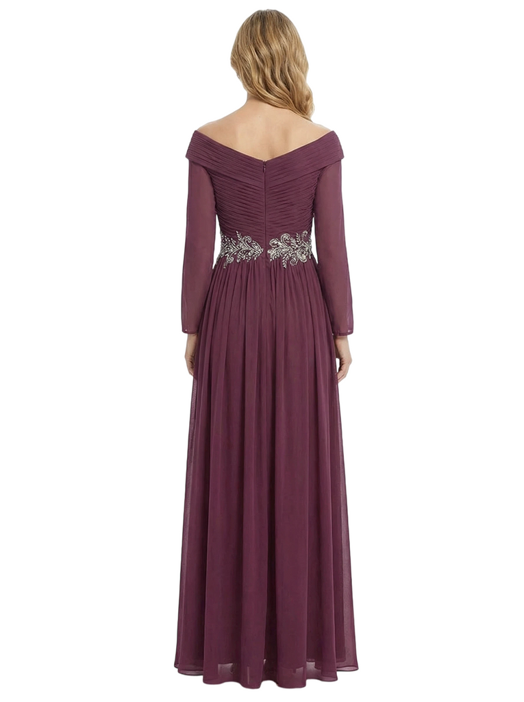 Chicsew V-Neck Long Sleeves Mother Of The Bride Dress Ruched Chiffon A-Line Gown