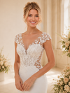 ChicSew Fancy V-Neck Cap Sleeves Crepe Mermaid Long Wedding Dresses With Lace Appliques