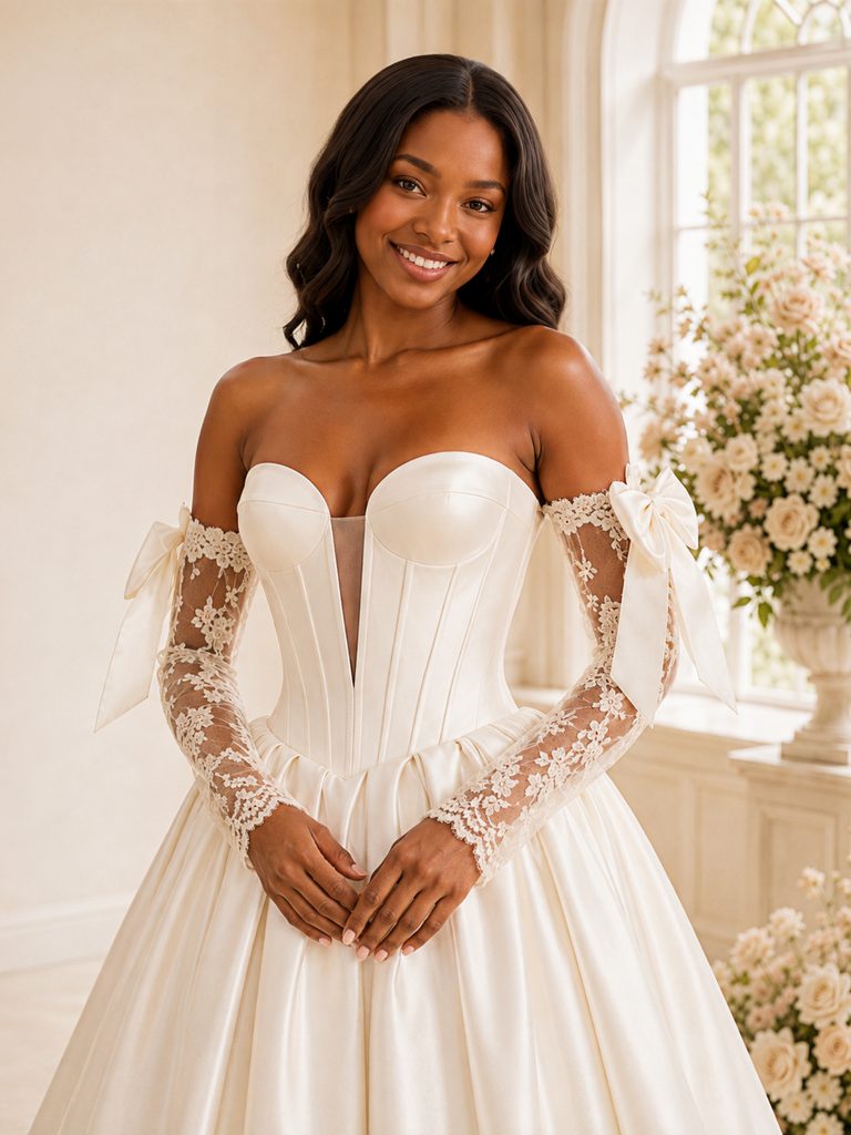 ChicSew Classy Sweetheart A-Line Boning Ruched Satin Maxi Wedding Dress With Long Lace Sleeves