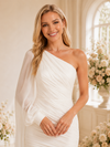 ChicSew Unique Chiffon One Shoulder Pleated Sheath Mini Short Wedding Dress With Cape Sleeve