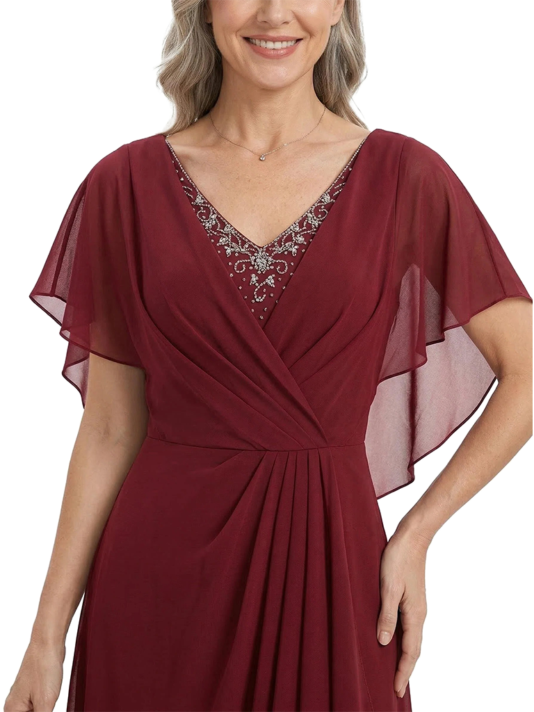 ChicSew V-Neck Flutter Sleeve Beaded Lace Applique Ruched Bodice High Low Hem Floor Length Chiffon Romantic Mom Of The Groom Dresses